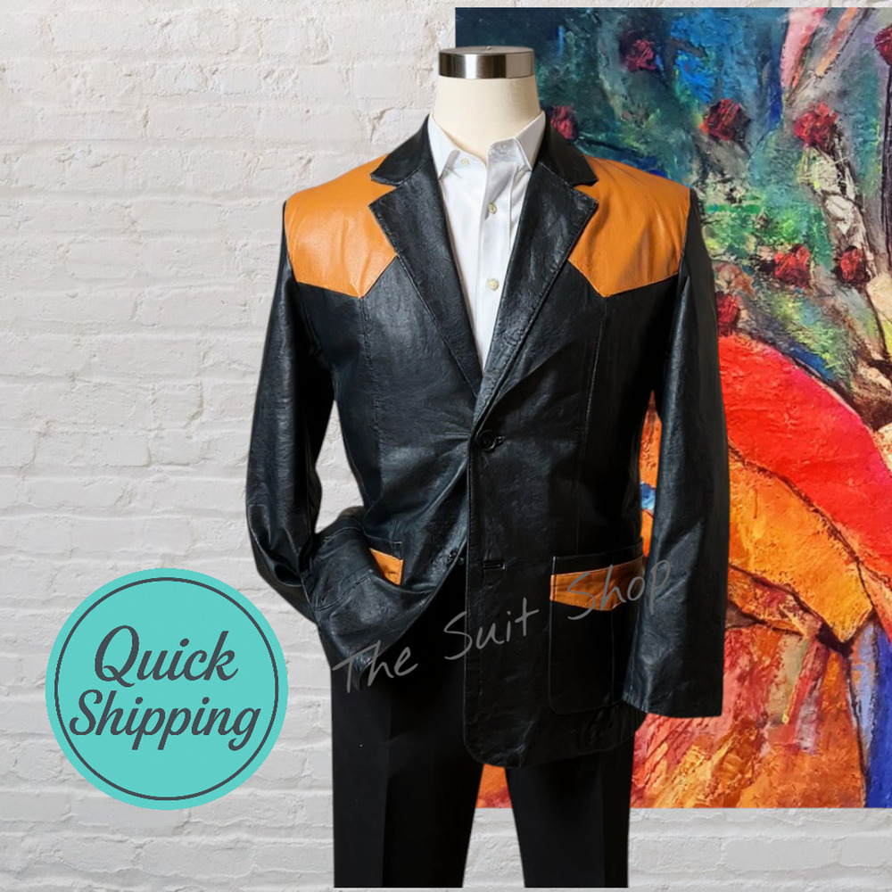 Ferugini M / L Leather Western Blazer Jacket Removable Lining Black Brown